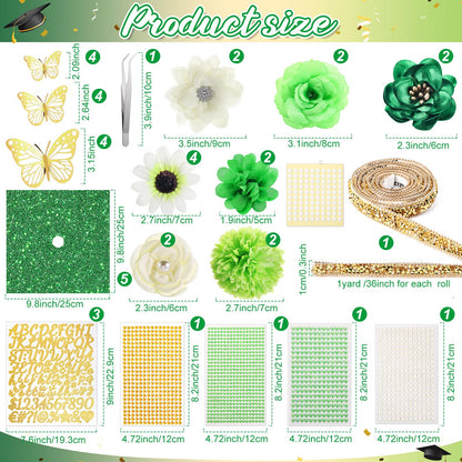 Wavwavw 43 PCS DIY Graduation Cap Decorations Kit, Grad Cap Decorations Included Faux Flowers 3D Butterfly Self Adhesive Rhinestones Stickers Alphabet Letter Stickers for 2026 Grad Party(Green)