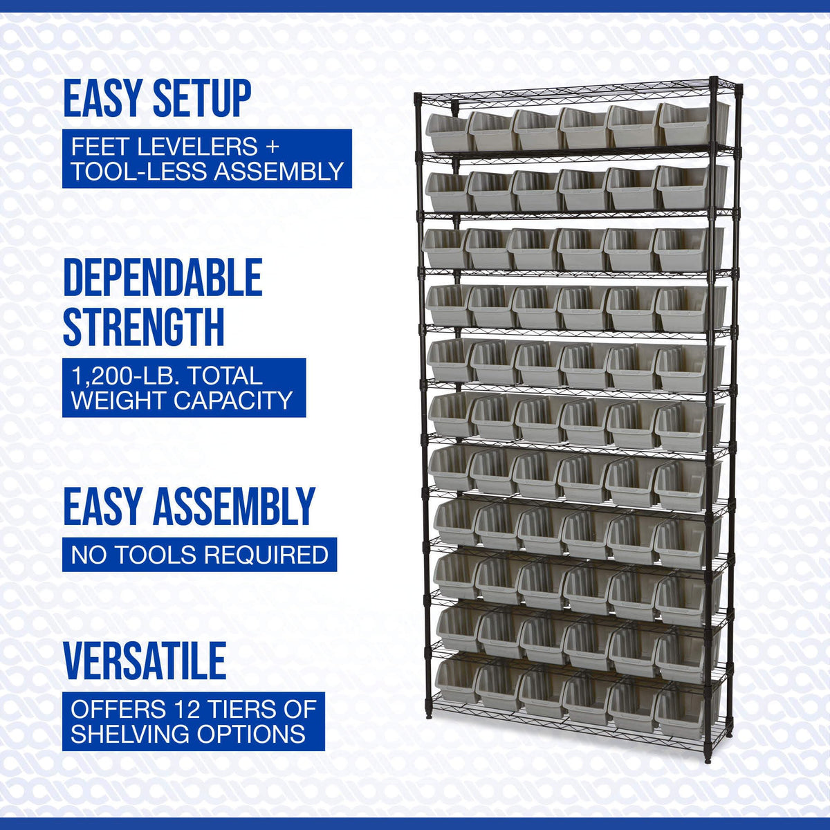 Strongway 12-Tier Single Side Wire Shelving Unit with 66 Bins - 39.5in.L x 16in.W x 80.5in.H