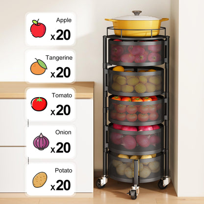 SNTD Fruit and Vegetable Basket Bowls for Kitchen with Metal Top Lid, 5 Tier Rotating Storage Rack Cart for Potato Onion Bread Banana, Wire Basket Organizer on Wheels, Large, Black