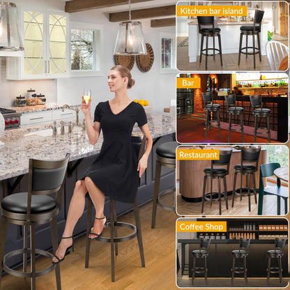 PrimeZone Swivel Bar Stools Set of 4, 24 Inch Counter Height Barstools, Black Faux Leather Bar Stool with High Backrest & Solid Wood Leg & Wrap-Around Footrest, Counter Stools for Kitchen Island, Pub