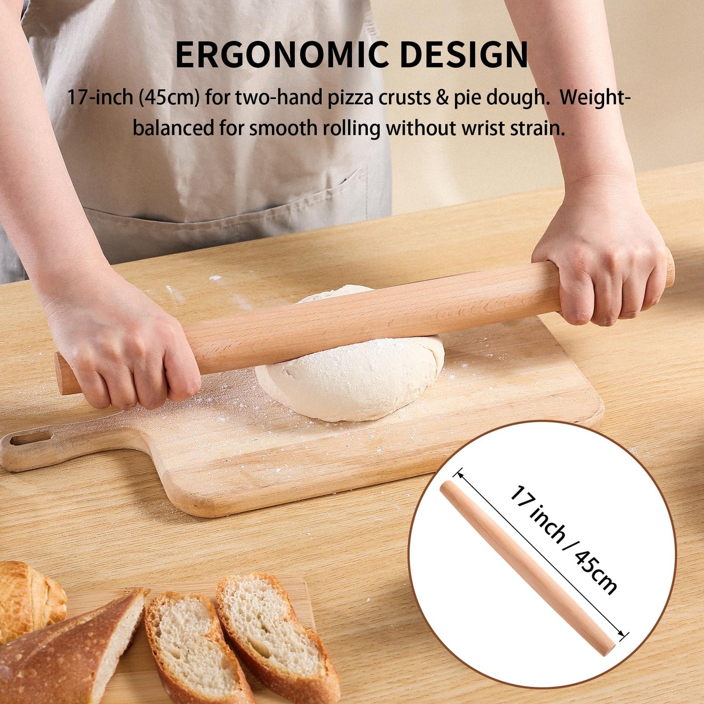 French Rolling Pin (18.92Inches) –WoodenRoll Pin for Fondant, Pie Crust, Cookie, Pastry, Dough –Tapered Design & Smooth Construction - Essential Kitchen Utensil- Easy Clean Handle