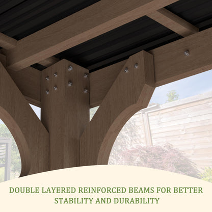 Yardenaler 10 x 12 FT Outdoor Wooden Grill Gazebo with 5.5" Width Wood Posts, Rainwater Drainage, BBQ Gazebo with Sloping Metal Roof for Barbecue, Backyard, Garden, Light Mocha Brown