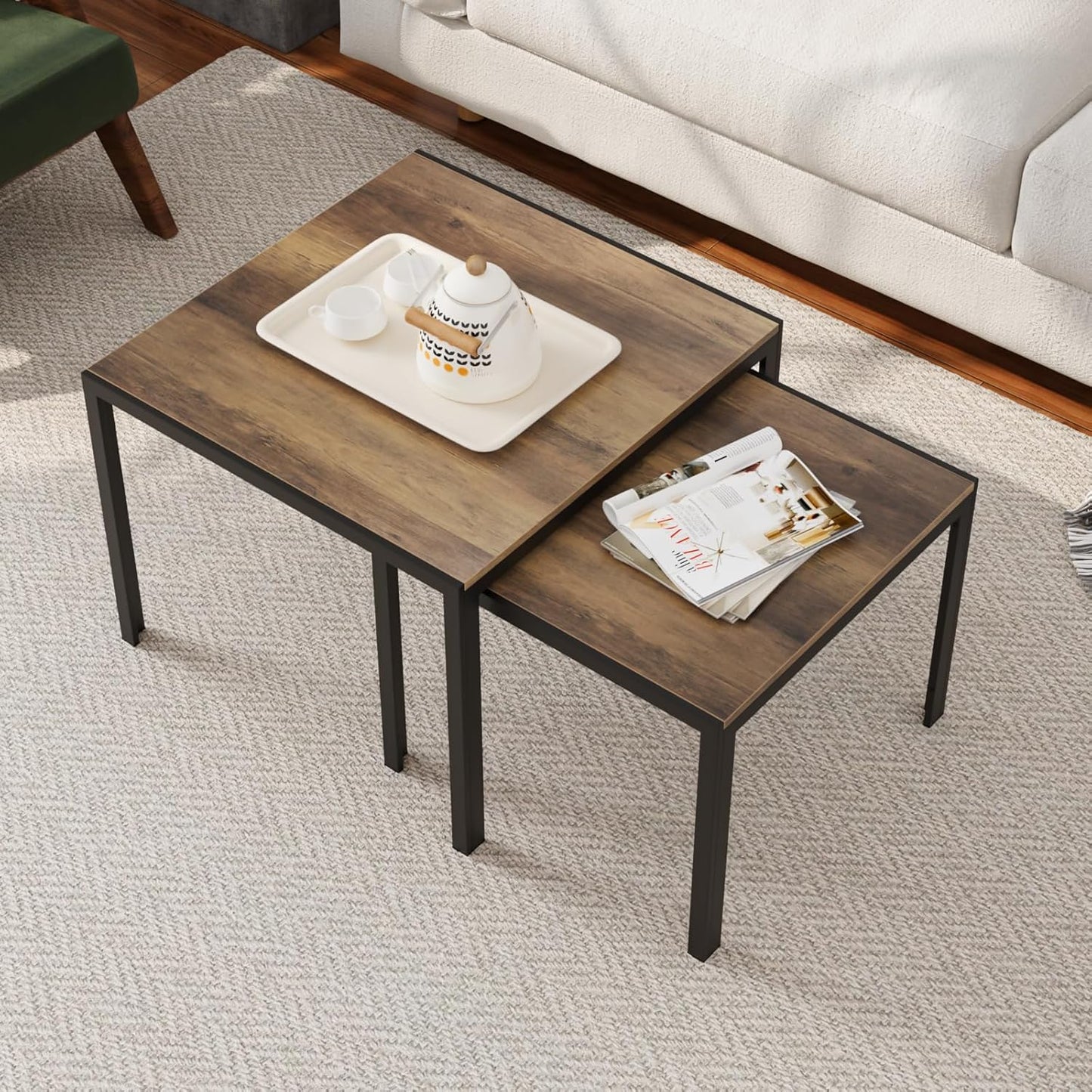 Set 2, Smuxee Nesting Coffee Table of Square Modern Stacking Table with Wood Finish, Industrial End Table Side Tables