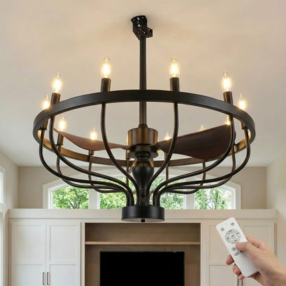 Fiqevs 32-inch Farmhouse Chandelier Fan with Remote Control, DC Motor, 12 LED Lights, Reversible Quiet Operation, Industrial Black Wagon Wheel Rustic Ceiling Fan for Bedroom and Living Room