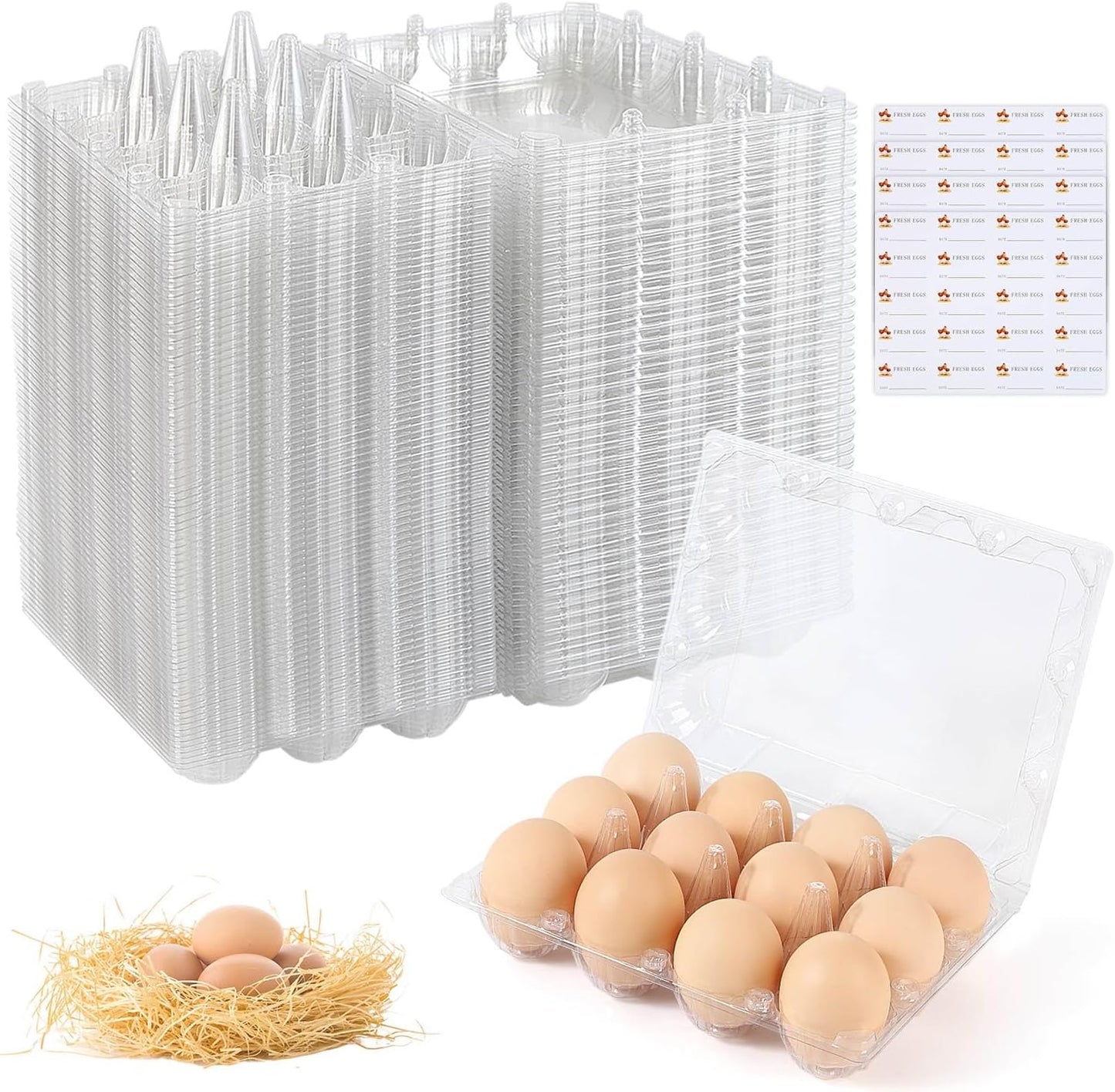 Egg Cartons 80 Pieces, Clear Plastic Reusable Egg Tray Container Holder for 12 Count Eggs, Bulk Storage with Sticker
