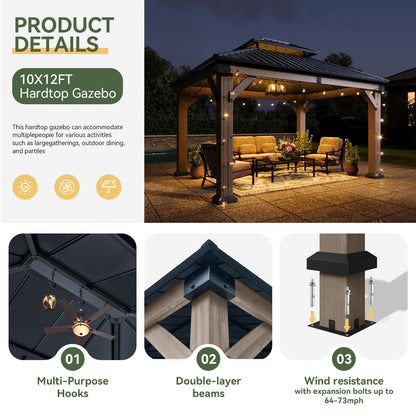 Aoxun 10' x 12' Outdoor Wood Gazebo, Hardtop Gazebo Permanent Wooden Pavilion with Galvanized Steel Double Roof, and LED Outdoor Waterproof Hanging Lights, for Patio, Garden, Deck, Cedar Wood, Grey