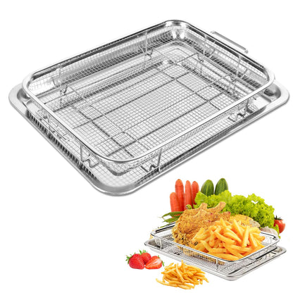 Air Fryer Basket for Oven 15" x 11", Stainless Steel Crisper Tray & Baking Pan Set with 50 PCS Parchment Paper, Oven Air Fryer Rack for Bacon, Fries, Chicken, Healthy Oil-Free Cooking