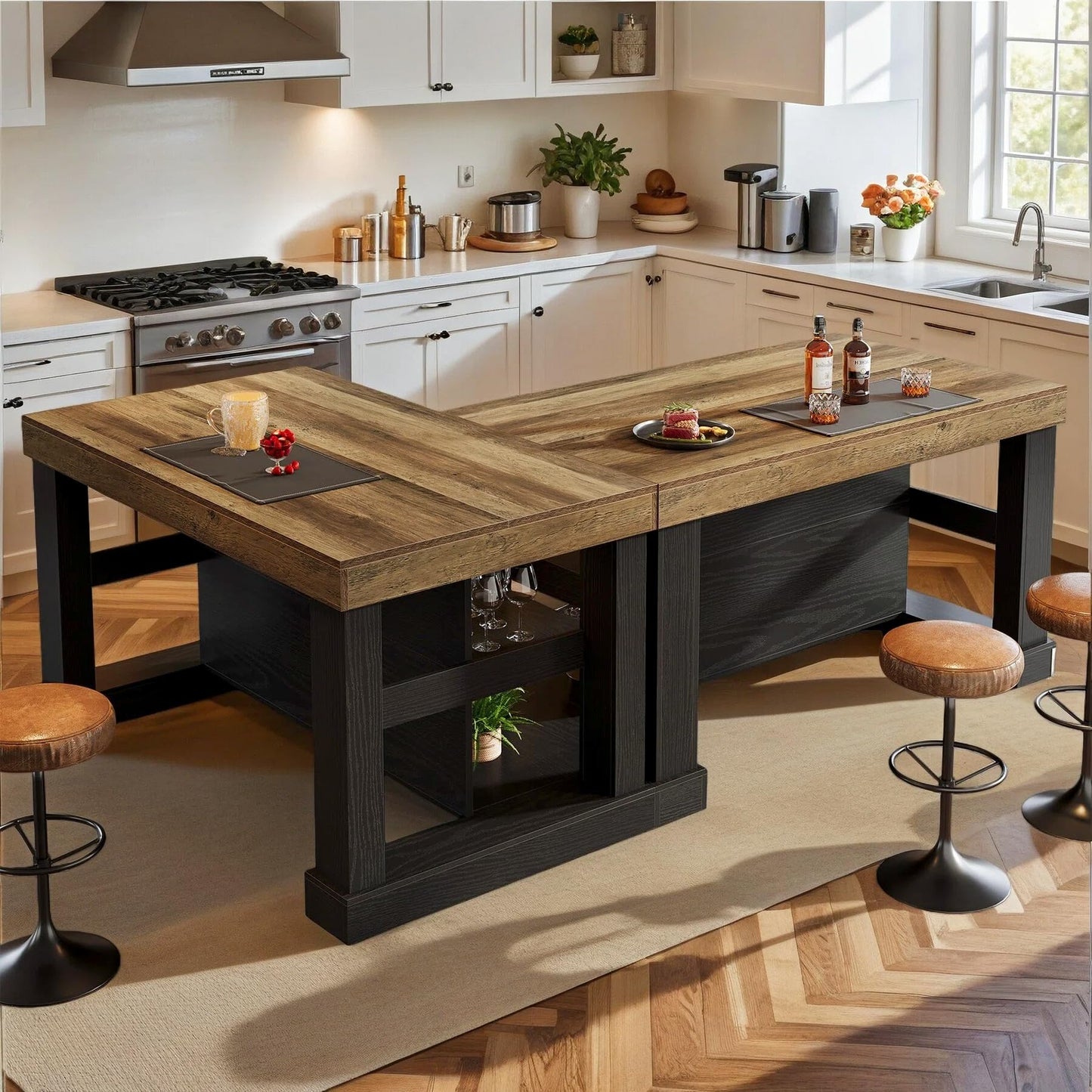 Tribesigns Kitchen Island with Storage, 55-Inch Farmhouse Stationary Island Table with Large Countertop, 3-Tier Wooden Center Bar Table for Kitchen, Dining Room, Black and Brown