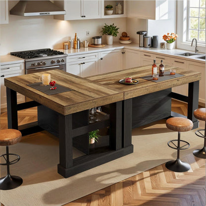 Tribesigns Kitchen Island with Storage, 55-Inch Farmhouse Stationary Island Table with Large Countertop, 3-Tier Wooden Center Bar Table for Kitchen, Dining Room, Black and Brown