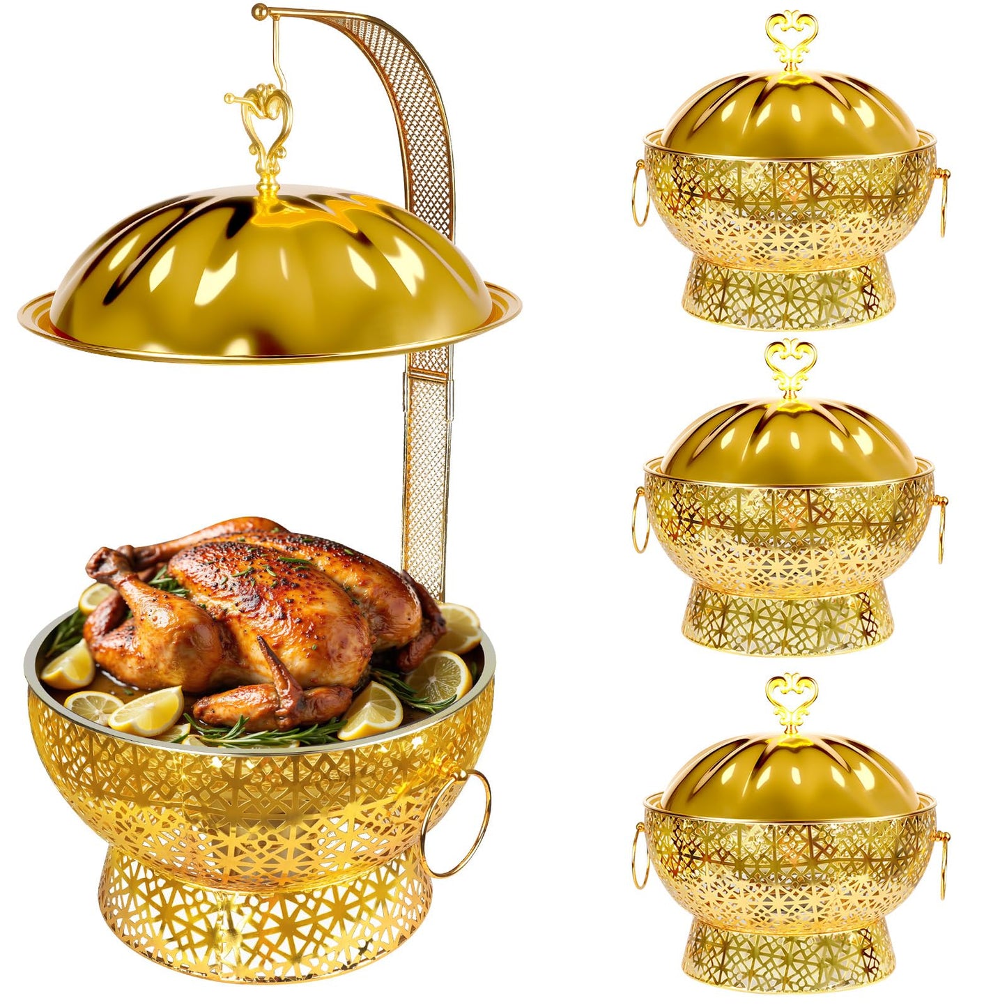 Chafing Dishes Set Gold Stainless Steel, 8 Quart Hollow-Out Buffet Food Warmer, Luxury Catering Warmer for Wedding, Hotel, Party & Christmas (Gold, 4PCS)