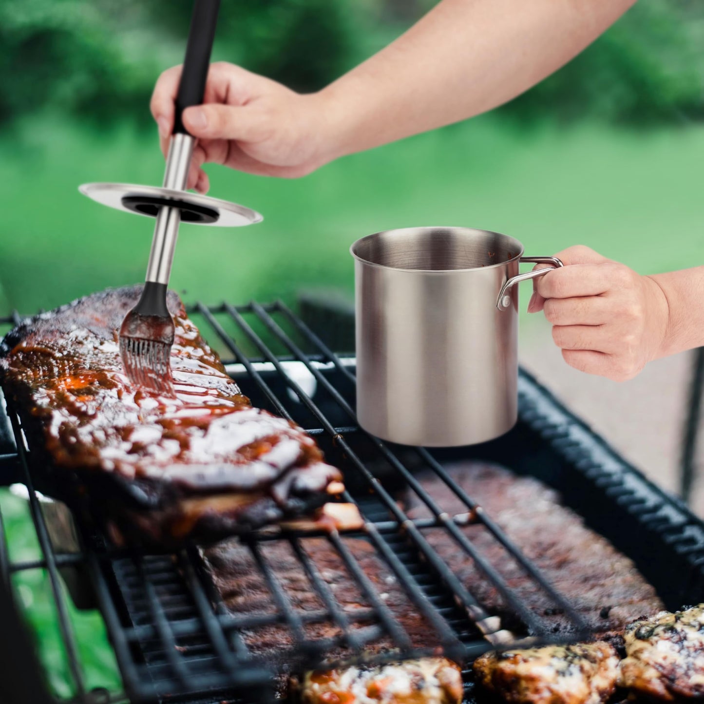 Geesta Adjustable Sauce Pot and Basting Brush Set, Long Stainless Steel Basting Brush for Cooking, Smoking, Fathers Day Grilling Gifts for Men Smoker Accessories, Large Capacity Grilling Tools, 1 Pack