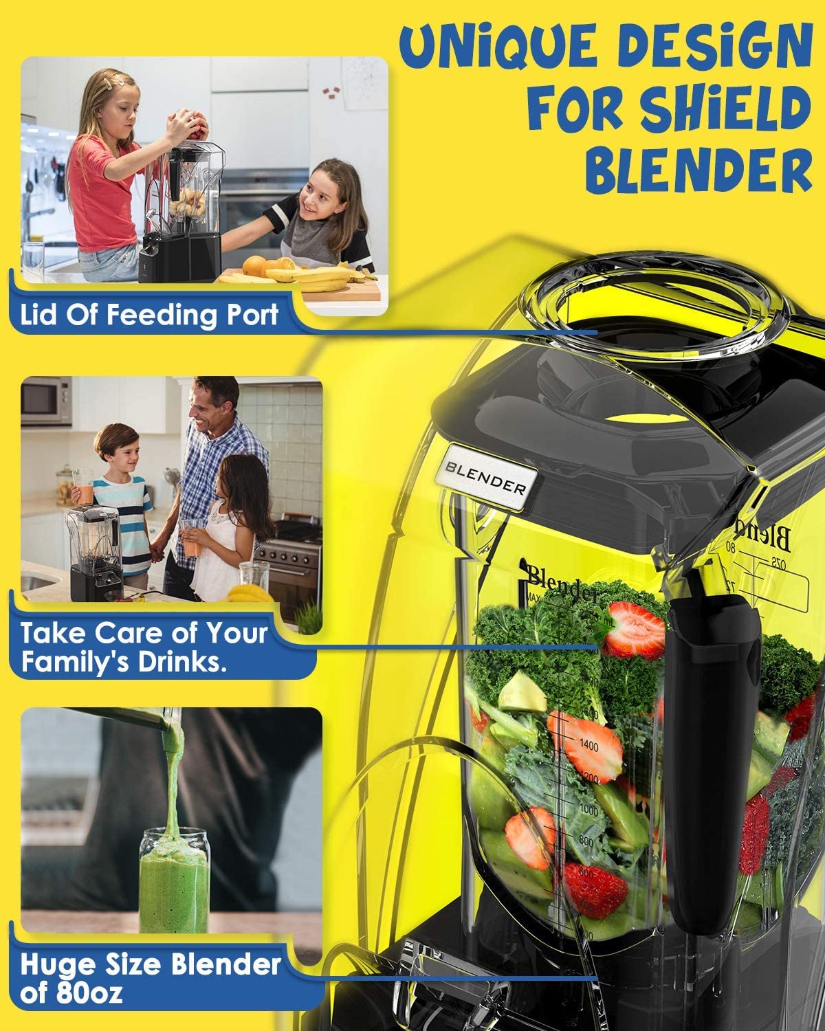 CRANDDI Commercial Quiet Blender, 2200 Watt Professional Countertop Blender with 80oz Pitcher, Built-in Pulse & 15-speeds Control, Smoothie Blender for Commercial and Home, K90 Black