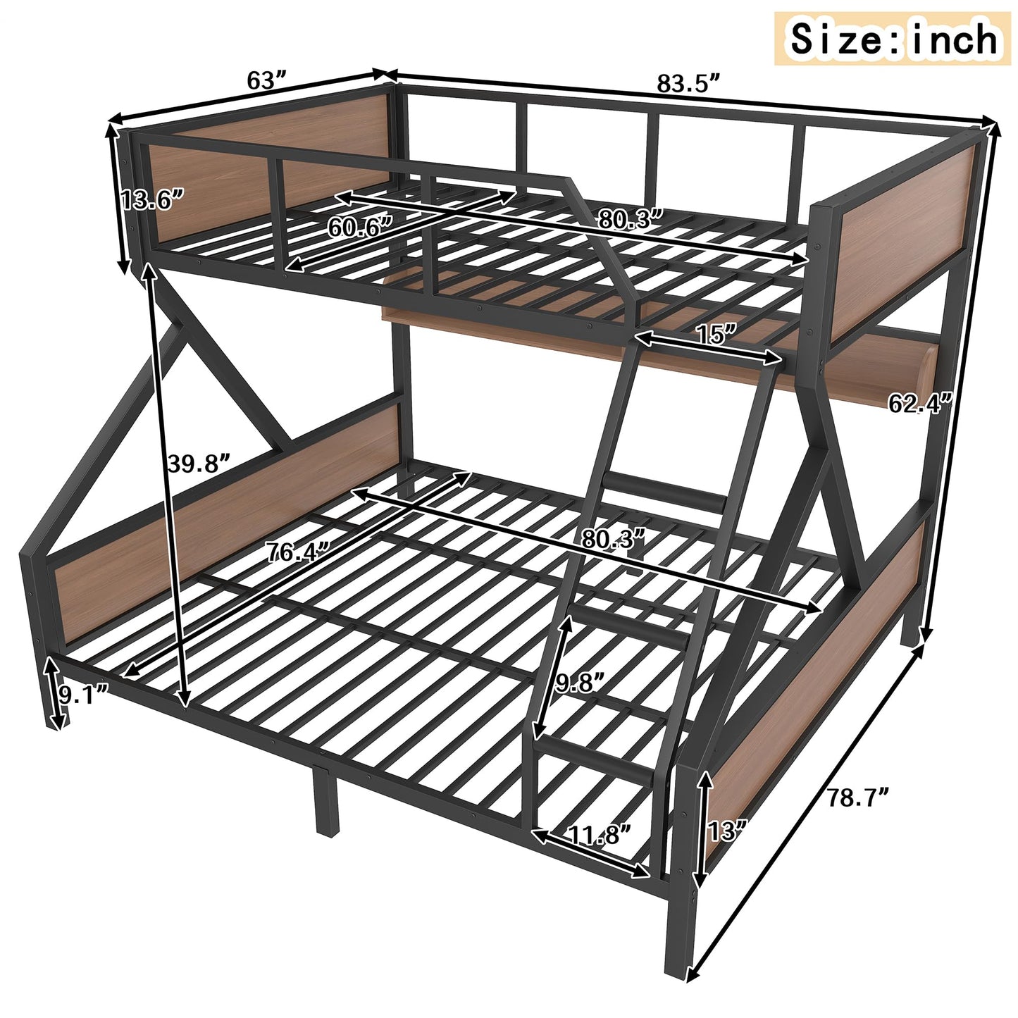 Bellemave Queen Over King Bunk Bed with Storage Shelf & LED Lights, Heavy Duty Metal Bunk Bed Frame with Guardrails & Ladder, No Box Spring Needed, Black