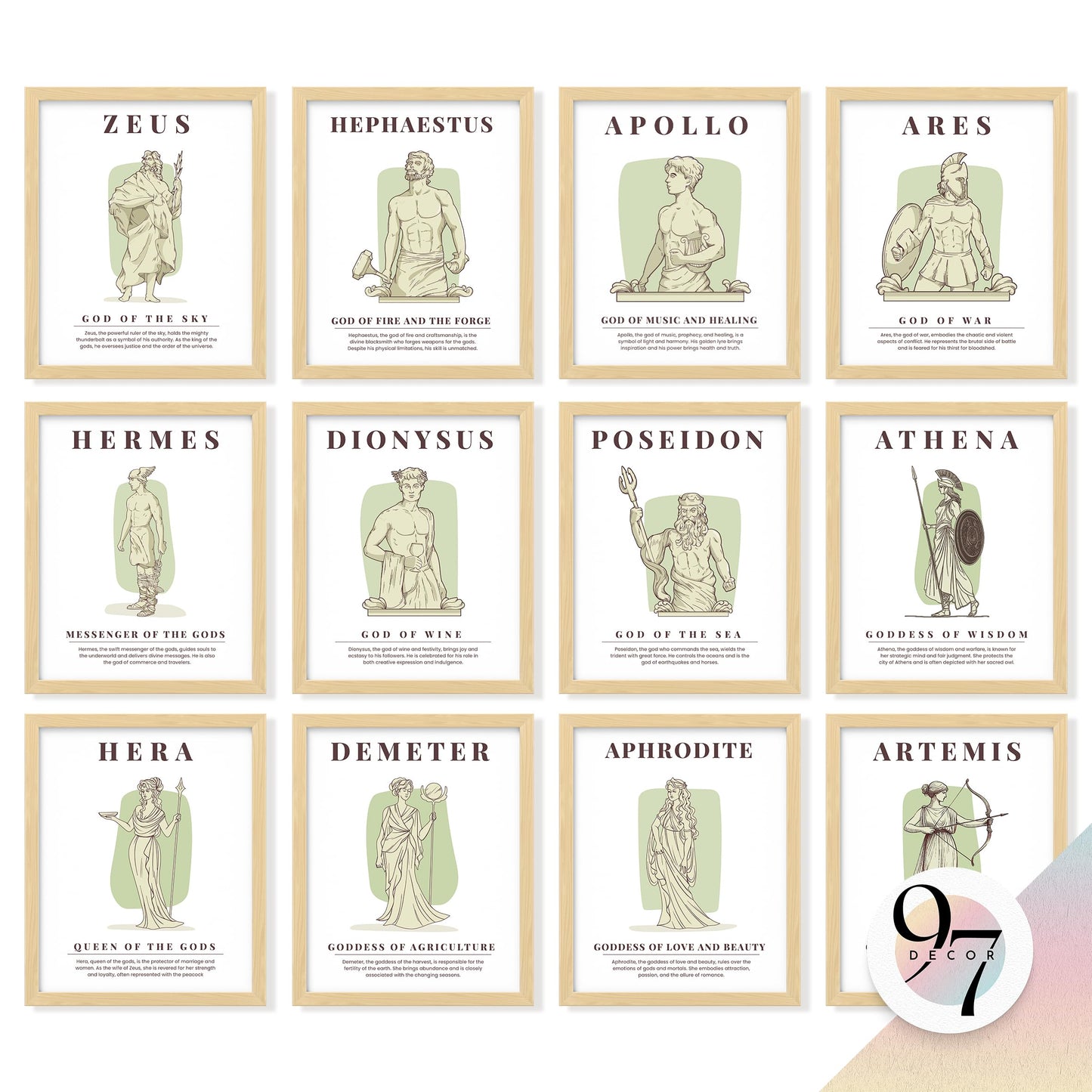 97 Decor Greek Mythology Decor - Ancient Greek Decoration, Apollo God Posters, Mythology Gifts, Greece Wall Art Prints, Aphrodite Poseidon Athena Goddess Party Decorations (8x10 Unframed)