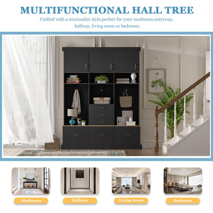 Amposei Hall Tree with Storage Bench & Coat Rack 58’’W Modern Tall Entryway Oranizer Cabinet with 6 Drawers, 3 Metal Hooks for Living Room Hallway Mudroom, Black