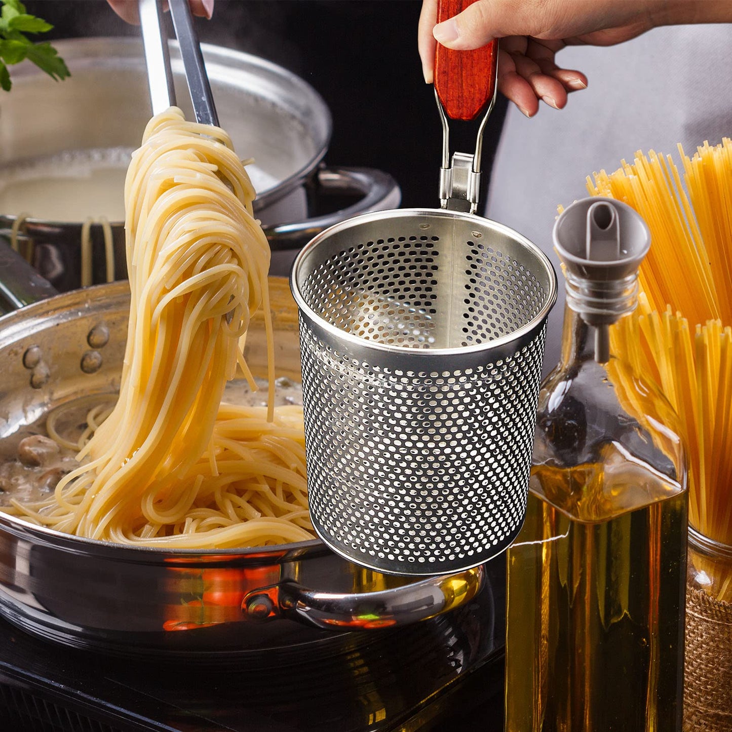Tessco 4 Pcs Pasta Strainer, 4.7" x 5.2'' Stainless Steel Pasta Basket Mesh Cooker with Wood Handle, Spider Strainer Kitchen Skimmer for Food Dumpling Noodle Blanching(Dark Color)