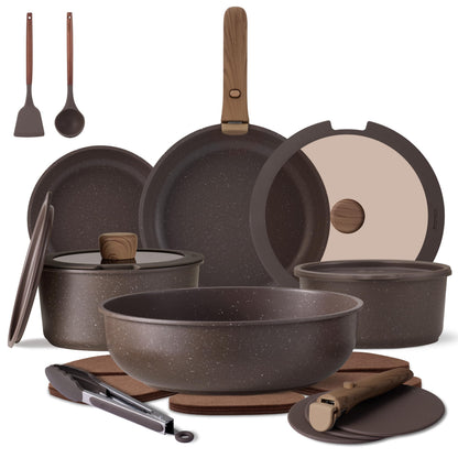 CAROTE 21PCS Pots and Pans Set Non Stick with Detachable Handle, Nonstick Cookware Sets, Cooking Kitchen Set, Oven/Dishwasher Safe, Induction Cookware, Brown, RV Kitchen Pot and Pan