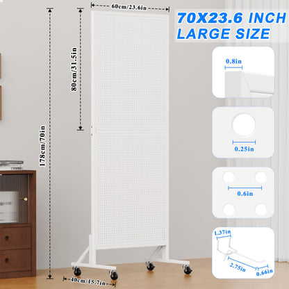 Folews Metal Peg Board Display Stand 24″ x 70″, Freestanding Pegboard Organizer with Wheels & 30 Hooks, Portable Rolling Pegboard Display Rack for DIY Retail Craft Fair Garage Display & Storage, White