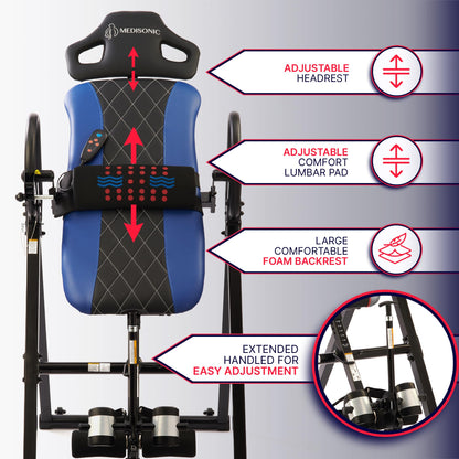 MediSonic Pro Inversion Table with Adjustable Heat & Vibrating Massage Lumbar Pad, Diamond-Stitched Comfort Backrest, Multiple Inversion Angles, 300 lb Capacity, Home Use, Blue