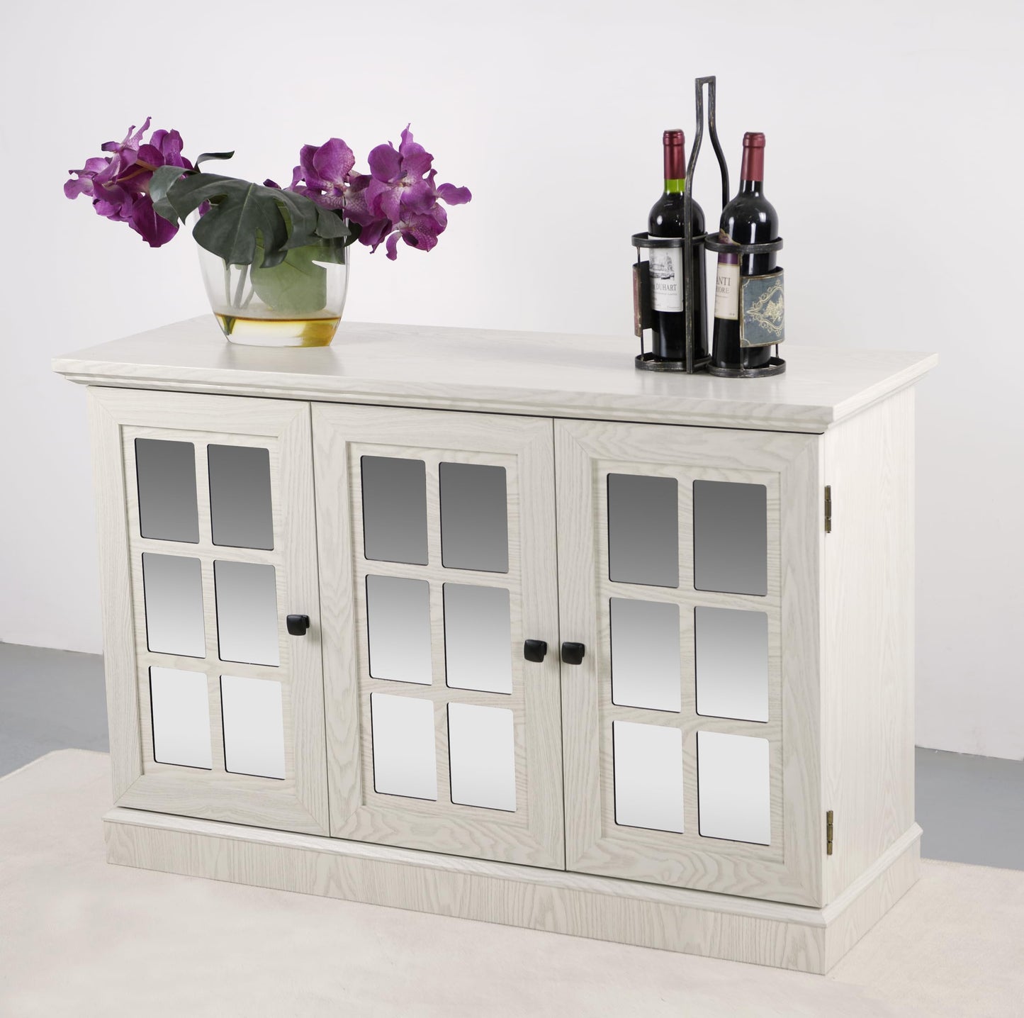 GDFStudio 45" Modern Buffet Sideboard Cabinet, Storage Cabinet with 3 Acrylic Mirrored Doors & Adjustable Shelves, Freestanding Credenza Buffet for Dining Room, Accent Cabinet Coffee Bar, White