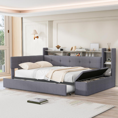 Merax Full Size Upholstered Daybed with Trundle and Storage Drawer, Headboard with Light, Shelves, USB Charging Station, Multi-Functional Bed for Guest Room, Living Room, No Box Spring Needed, Gray