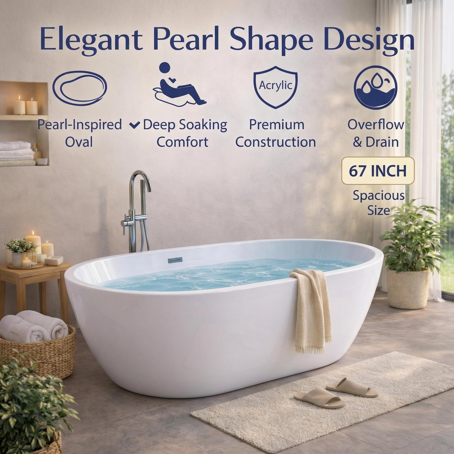 GarveeTech 67"Freestanding Bathtub, Acrylic Deep Soaking Tub, Non-Slip Acrylic Tub with Chrome Overflow and Drain, CUPC Certified, Ergonomic Modern Bath for Bathrooms, Easy-Install