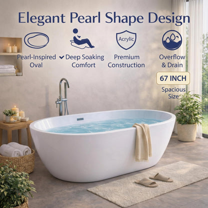 Freestanding Bathtub, Acrylic, Deep Soaking, Modern Upright Bathtub with Matte Drain and Black Overflow, Durable Double Wall, Freestanding for Bathroom, 67'', White