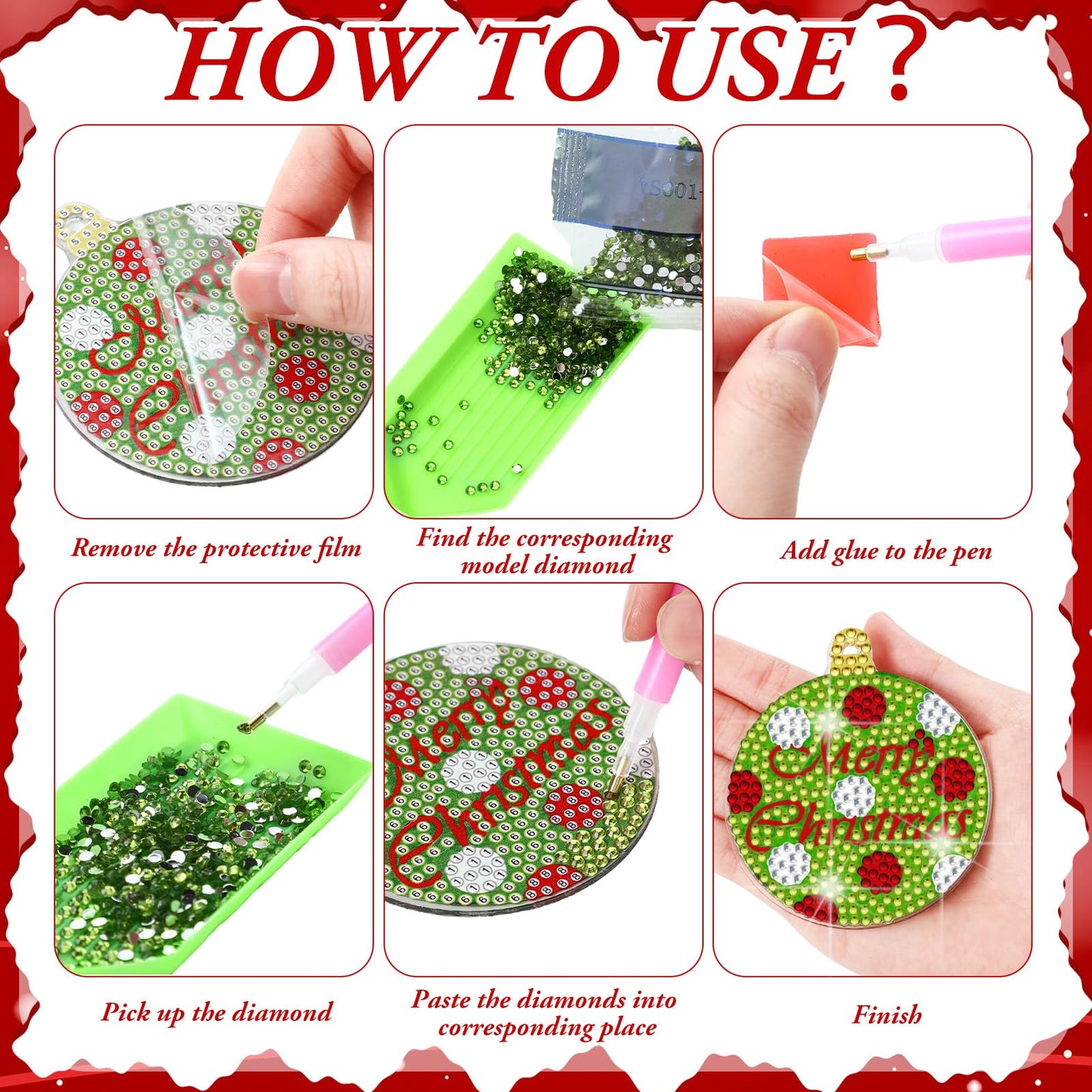 Cunno 18 Pcs Christmas Diamond Art Ornaments Lime Green and Red 5D Diamond Painting Kits Tree Decorations DIY Keychain Double Side Art Christmas Ornaments Xmas Hanging for Tree Adults Family Craft