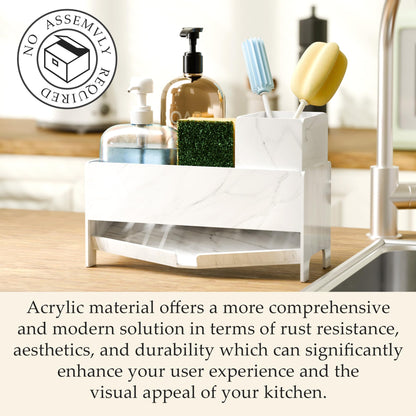 TIDIIABODE Sponge Holder for Kitchen Sink, Acrylic Sink Caddy Organizer with Removable Brush Holder, Countertop Soap Dispenser Organizer with Marble Texture, Kitchen Organizers Storage, White