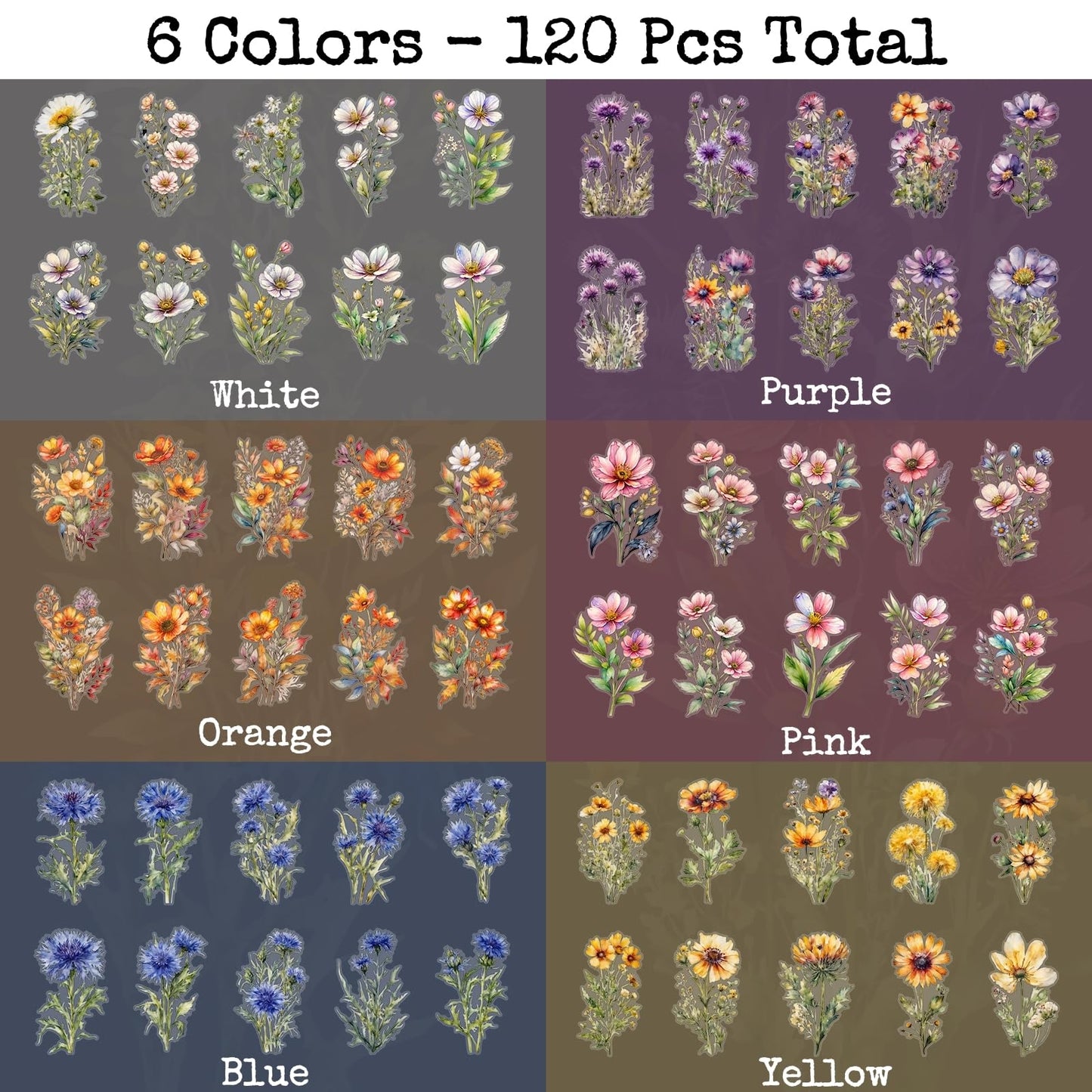 Knaid 120 Pieces Watercolor Flower Stickers Set - Big 4.7" Waterproof Clear Botanical Floral Journaling Sticker for Scrapbook Junk Journal Supplies Bullet Journals Planner Collage Laptop Paper Crafts