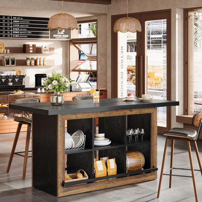 Tribesigns Bar Table with Storage, 62.6" Rectangular Home Bar Cabinet Unit with 6 Spacious Cubbies and Metal Footrests, Large Counter Height Pub Table for Home Kitchen, Dining Room, Brown & Black