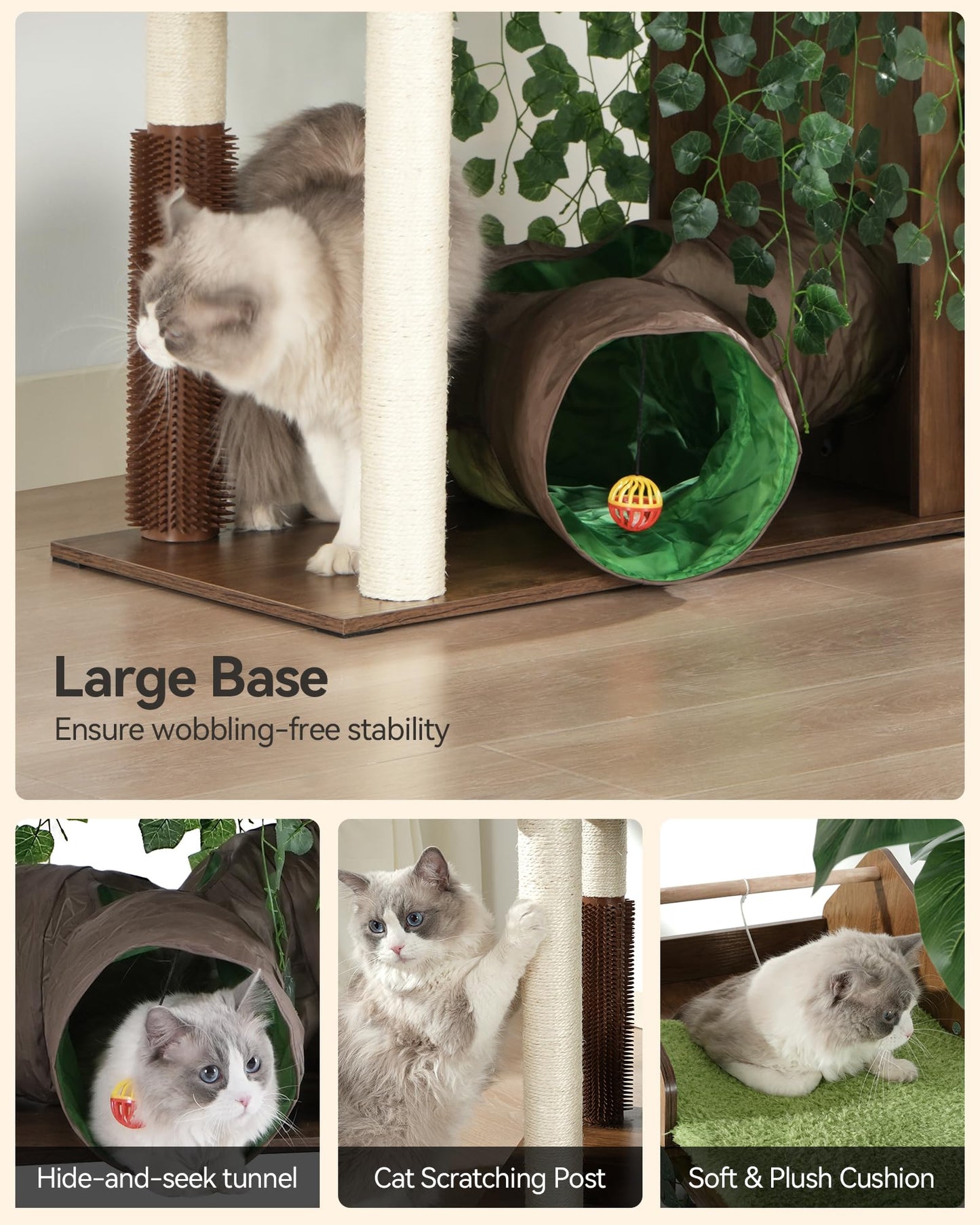 FourFurPets Large Cat Tree with Leaves, 72.8-Inch Cat Tower for Indoor Cats, Modern Cat Tree with Scratching Post, Large Perch, Tunnels, Swing Ball, Self Groomer, Greige