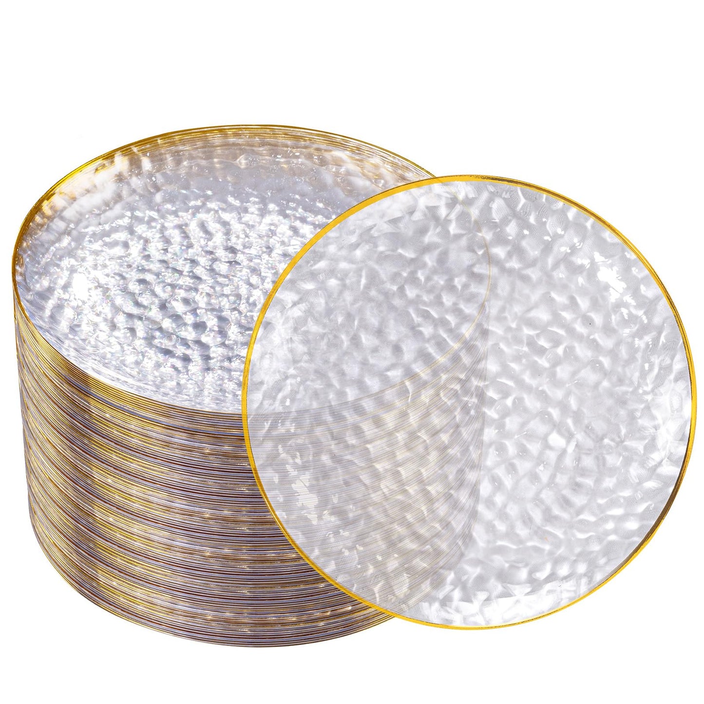 DaYammi 100 Pcs Clear Gold Plastic Plates, Hammered Party Plate, Fancy Plastic Plates Disposable Clear Disposable Dessert Platos, 7 Inch Heavy duty Plastic Dessert Platos for Party & Wedding