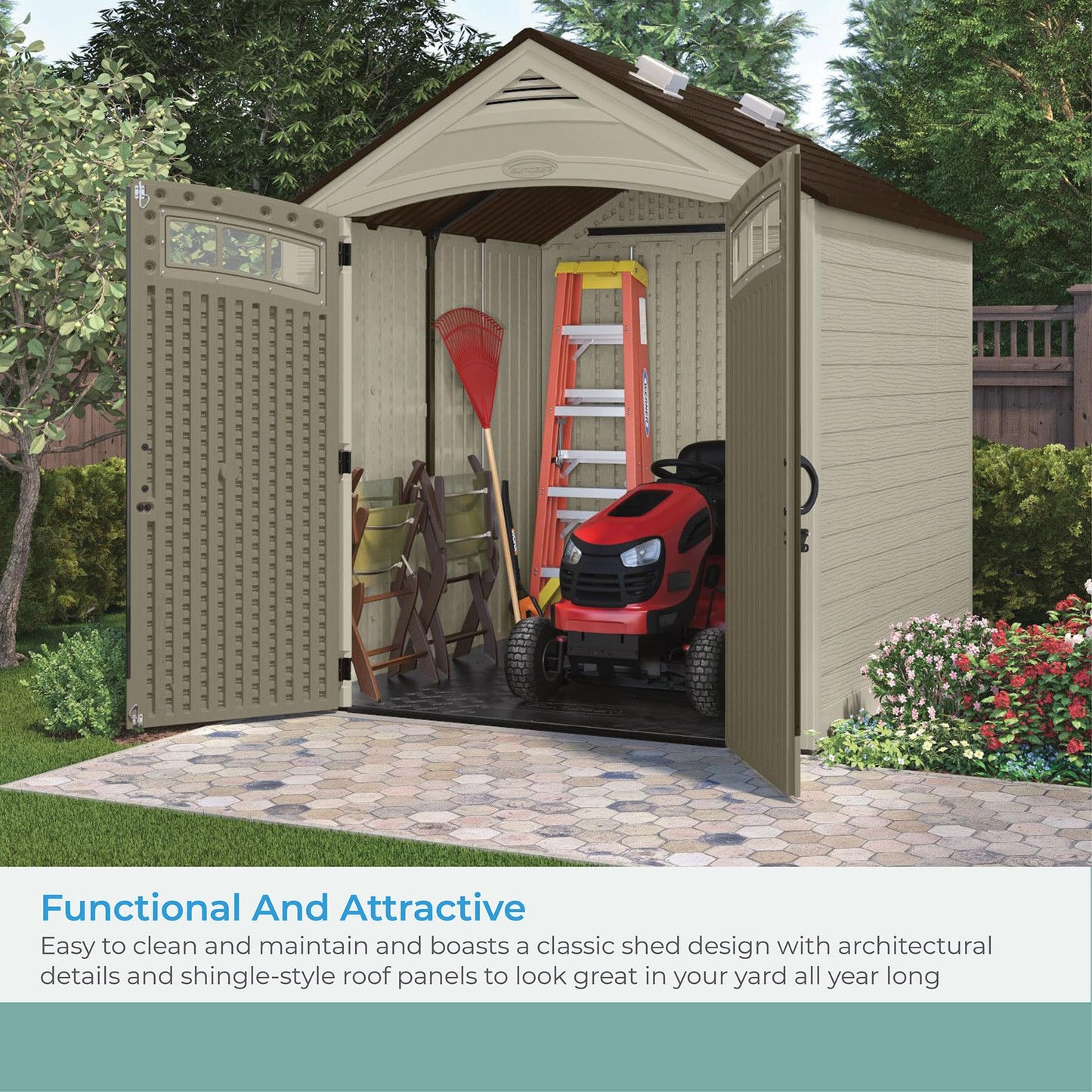 Suncast Vista 7x7 Storage Shed with Multi-Wall Resin Panels, 4 Skylights, IllumiVent System, and Pad-Lockable Doors, 84" D x 84" W x 98" H, Made in The USA