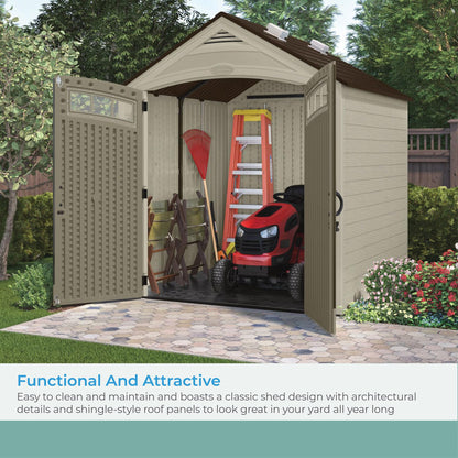 Suncast Vista 7x7 Storage Shed with Multi-Wall Resin Panels, 4 Skylights, IllumiVent System, and Pad-Lockable Doors, 84" D x 84" W x 98" H, Made in The USA
