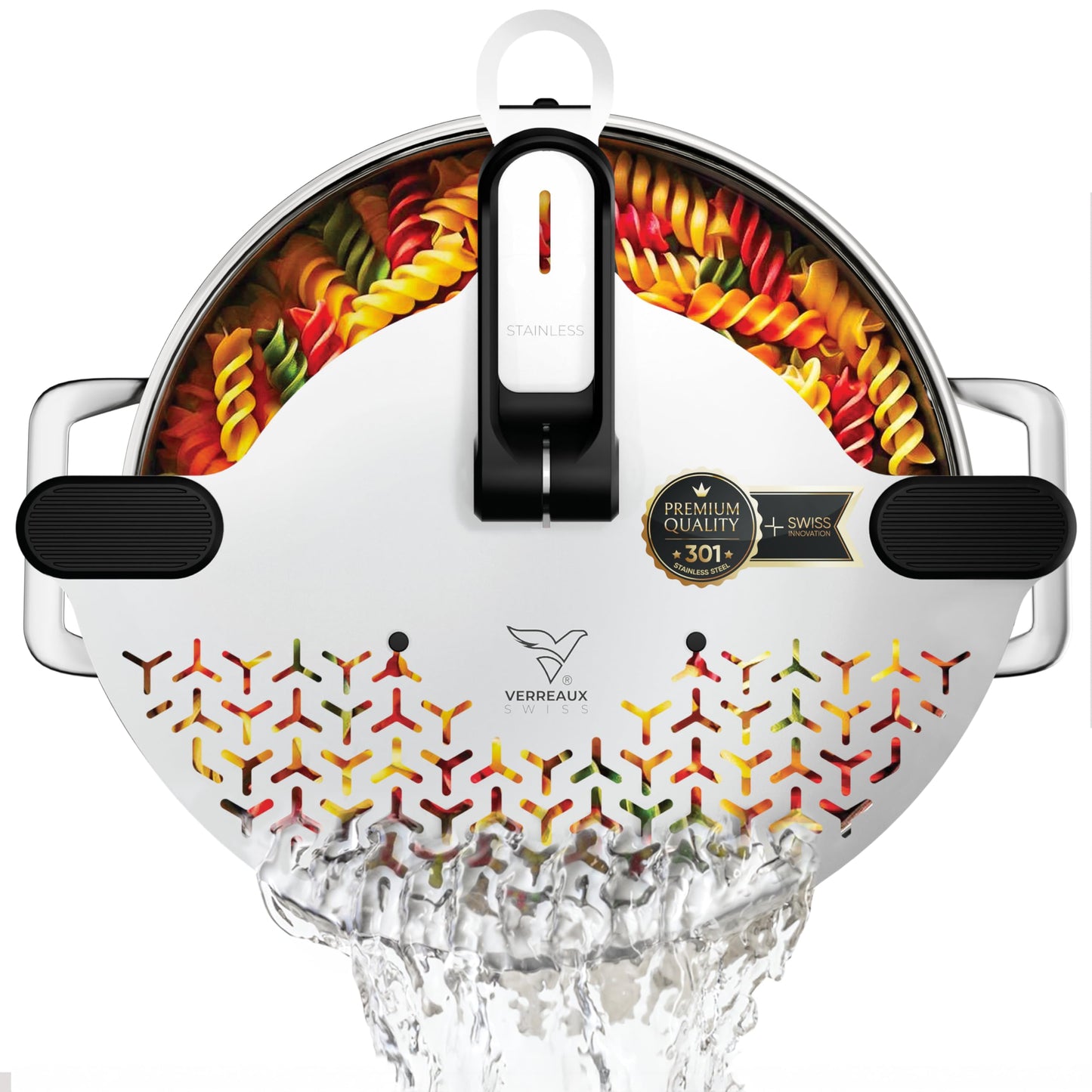 Kitchen Strainer & Pot Drainer Clip-On Stainless Steel Colander for Pots & Pans (6.5-9.5 in / 16-24 cm) | Universal Fit Pasta & Noodle Strainer | Hands-Free Swiss Design, Dishwasher-Safe