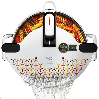 Kitchen Strainer & Pot Drainer Clip-On Stainless Steel Colander for Pots & Pans (6.5-9.5 in / 16-24 cm) | Universal Fit Pasta & Noodle Strainer | Hands-Free Swiss Design, Dishwasher-Safe