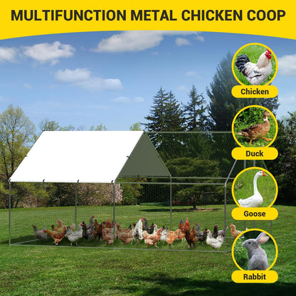 Large Metal Chicken Coop Run,Outdoor Walk-in Cage Peak Hen House with Waterproof and Anti-Uv Cover,Spire Roof Hen House with Security Lock for Outdoor and Backyard,Farm 9.8 x 13.1 x 6.6 ft