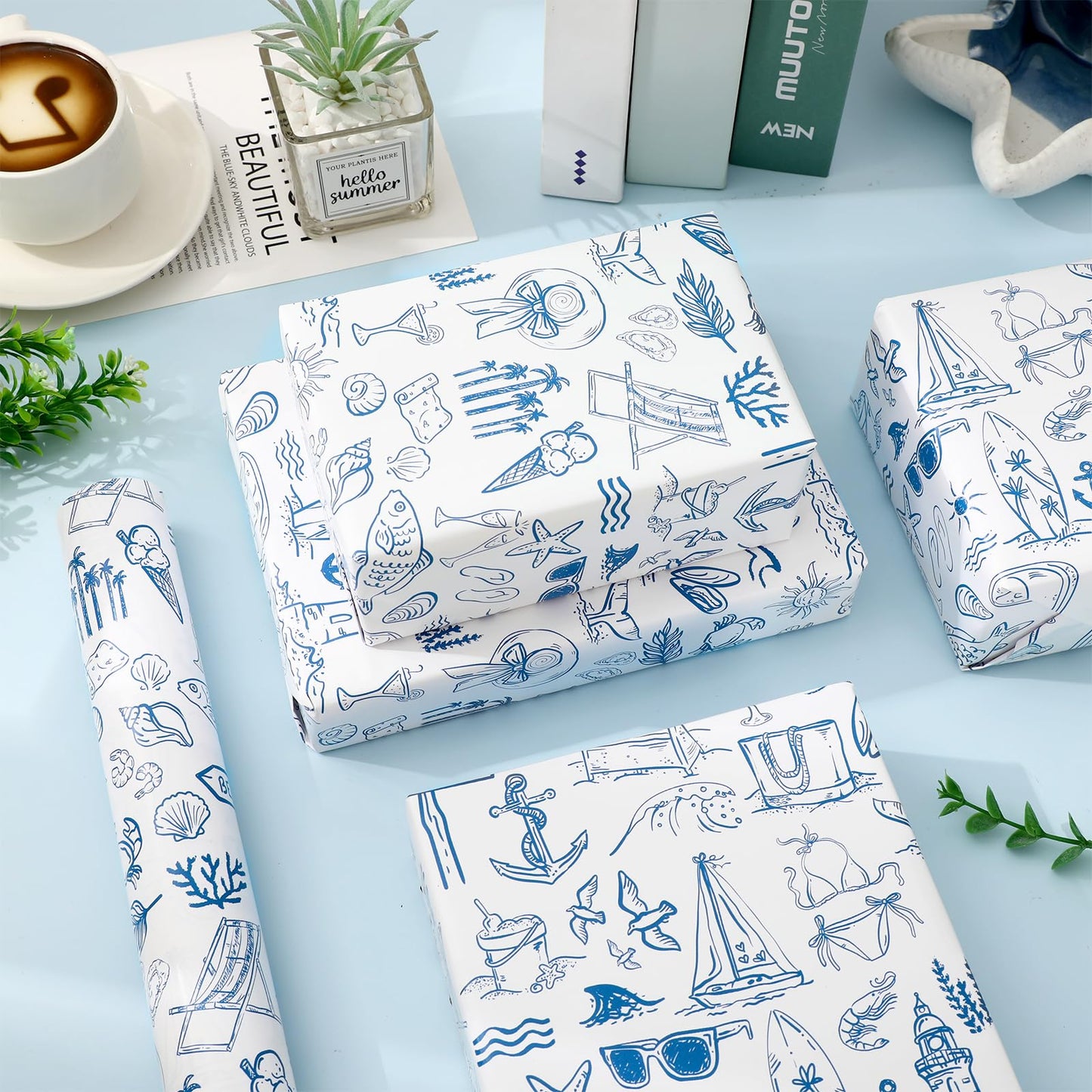 FYSUIMU Summer Wrapping Paper -Mini Roll- 17 Inch x 32.8 Ft Blue White Beach Fish Gift Wrap Paper Tropical Art Papers for Luau Pool Party Baby Shower Birthday DIY Crafts