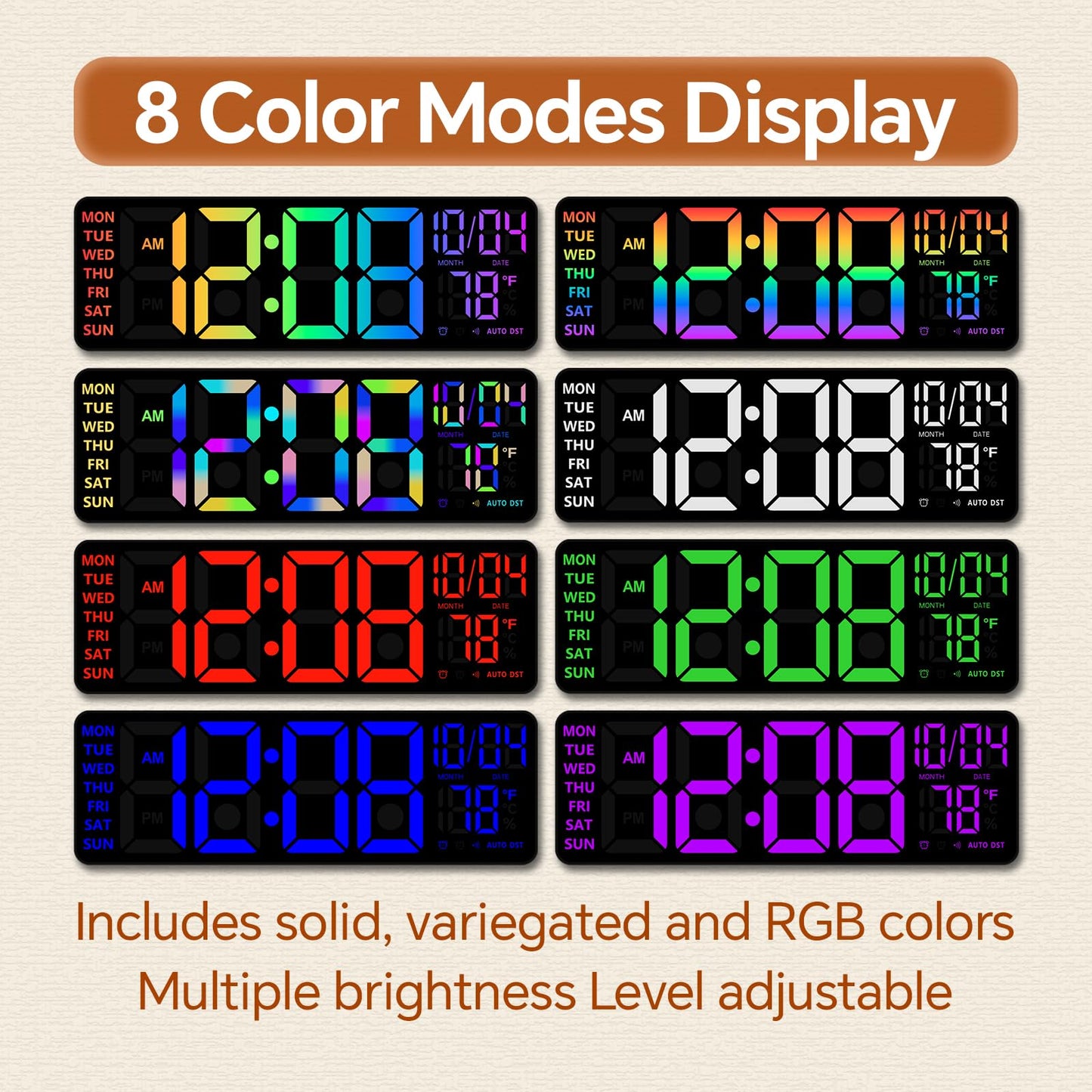 16" Digital Wall Clock with Night Light, Digital Clock with RGB Colors Changing Remote Control, Dual Alarm, Dimmer, Auto DST, Voice Control, Auto Time Sync, Clocks for Living Room, Gift for Elderly