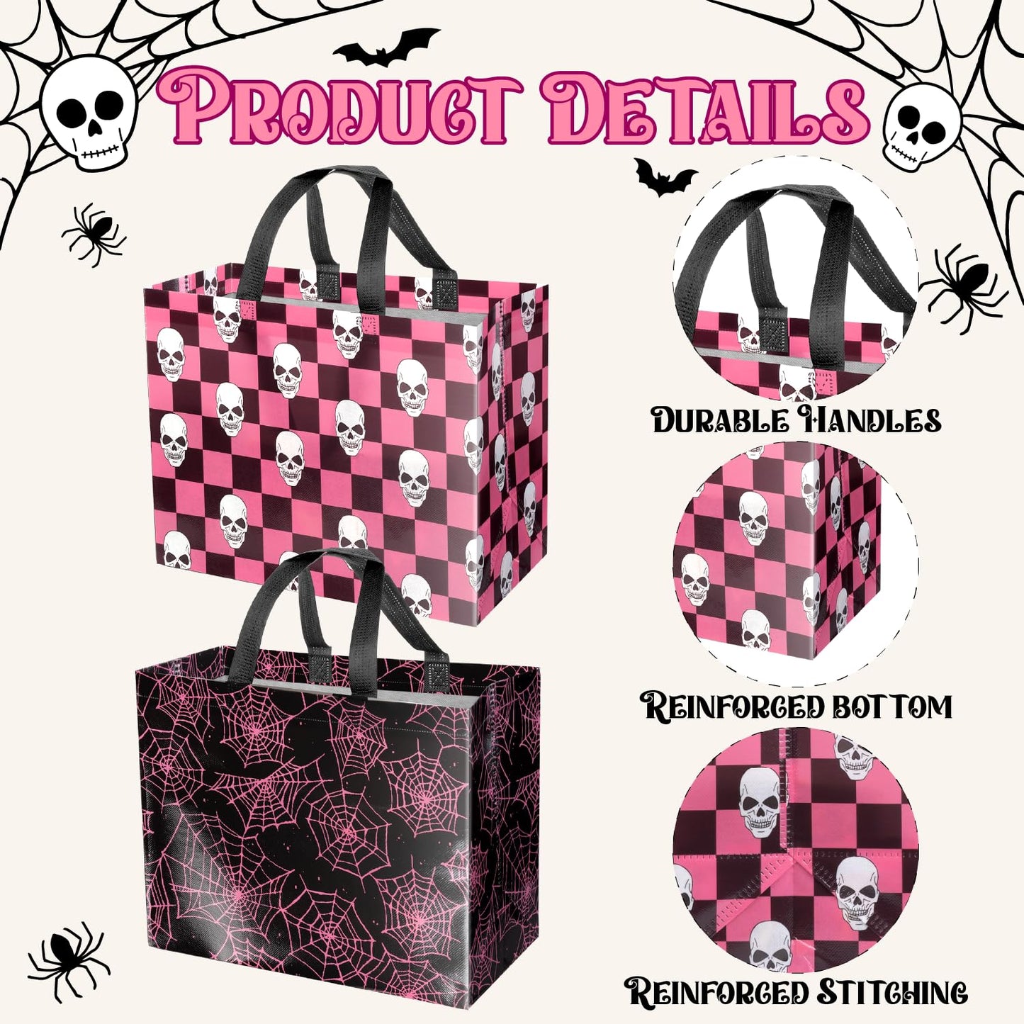 ysmile Halloween Reusable Bag Non Woven Tote Bag 12.6" Trick or Treat 2 Pack Party Supplies Skull Net Design
