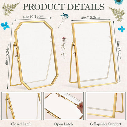 Amyhill 2 Pcs Glass Pressed Flower Frame with Dried Pressed Flowers, Brass Double Glass Photo Frame Includes 72 Pcs Real Dried Flowers, 65 Piece Butterfly Stickers and Tweezer for Handicrafts
