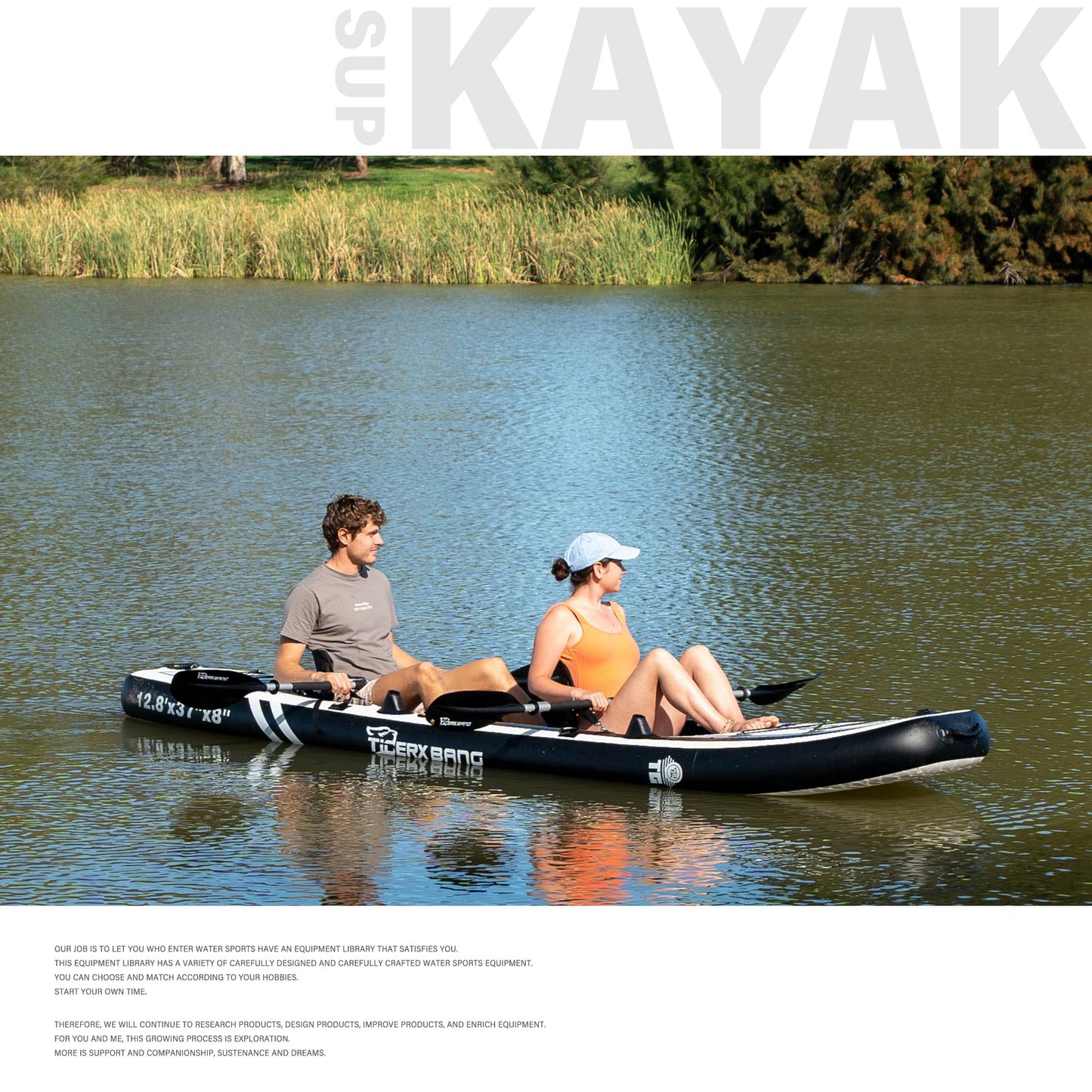 TIGERXBANG 12'8" Inflatable Tandem Kayak, Fishing & Touring, 2 Seats, Adjustable Paddle, Perfect for Family Adventures & Fishing, Includes Backpack & Repair Kit