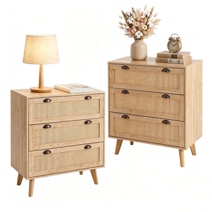 PHI VILLA Rattan Cabinet Set of 2, Boho Entryway 3 Drawer Rattan Storage Cabinet, Small Accent Cabinet