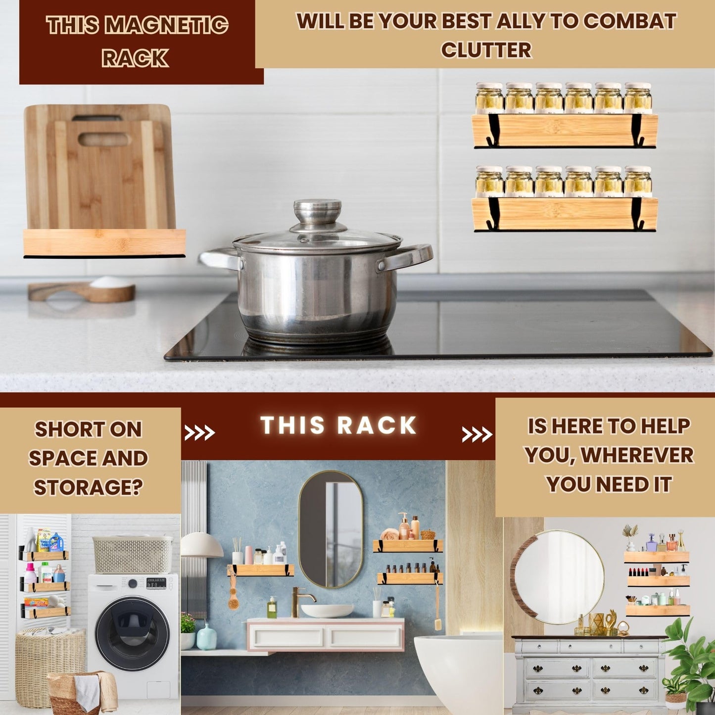 WY Family (4 Pack) Magnetic Spice Storage Rack Organizer for Refrigerator and Oven, 4 Strong Magnetic Shelf, Black Fridge Storage, Spice Rack Organizer, Metal-Bamboo