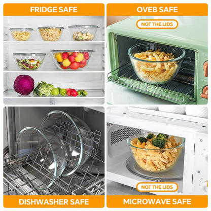 Glass Mixing Bowls with Lids Set of 5(4.78QT,2.2QT,1.7QT,1.1QT,0.85QT),Thick Glass Nesting Bowls for Kitchen Baking,Cooking Prep,Storage,Serving,Large Salad Bowls,Dishwasher Microwave Freezer Safe