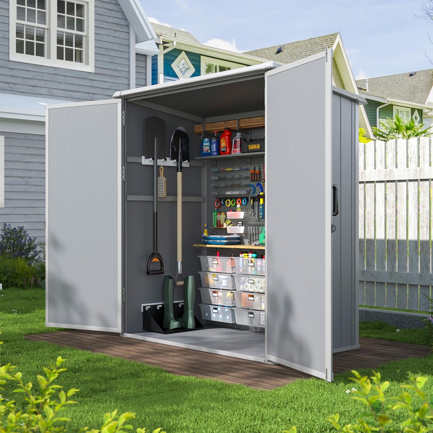 Aoxun 5x3 FT Outdoor Storage Shed, Plastic Garden Resin Shed with Floor for Patio, Lawn, Outdoor Storage Cabinet with Lockable Door for Bike, Tools, Garbage Can, Grey