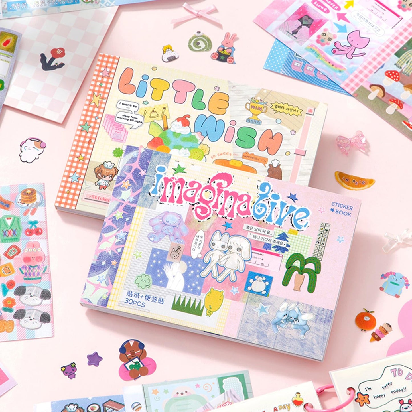 ZHIJIANHZ Japanese Manga Sticker Book 2-Pack,60 Sheets with Glitter, Matte and Writable Note Stickers for Journaling, Ins Style Scrapbook Supplies, 5.8 x 4.1 Inch Kawaii Sticker Set