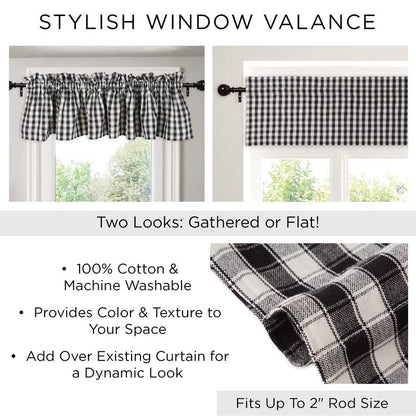DII Window Valance Collection, 100% Cotton, Pre-Shrunk, Machine Washable, 2 Inch Curtain Rod Pocket, Single Panel, 72x14, Stonewash Blue Check