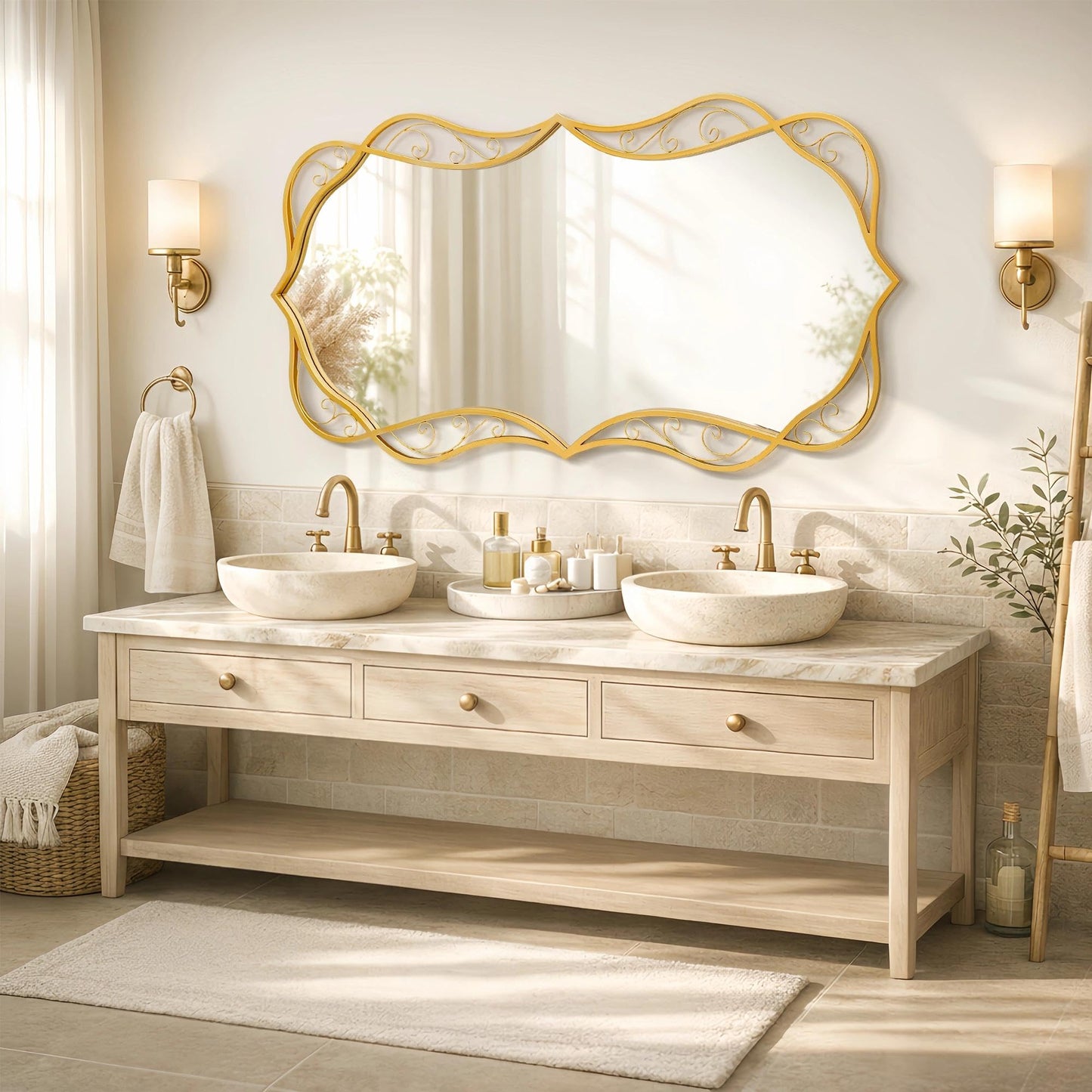 Besdomus Large Bathroom Gold Mirror: 30"x60" Scalloped Modern Long Full Length Vanity Wall Mirror - Farmhouse Decorative Vertical or Horizontal Hanging for Bathroom/Entryway/Fireplace/Bedroom